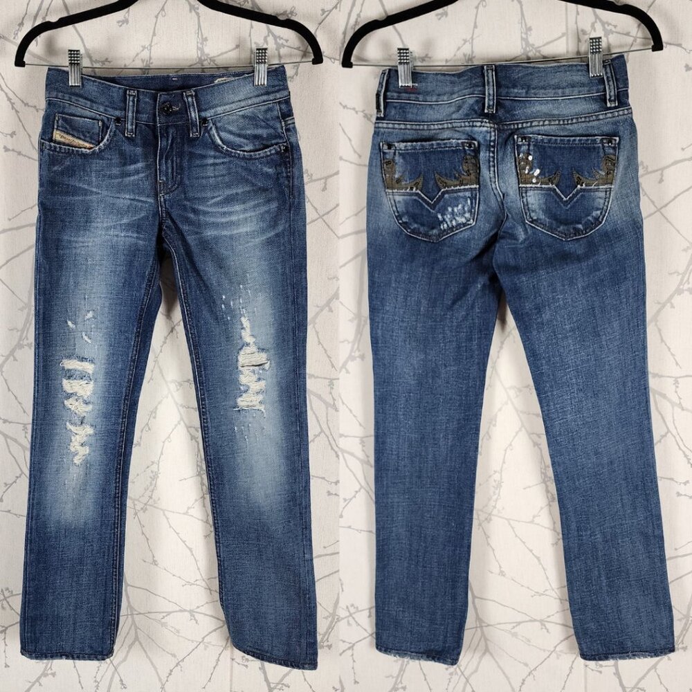 Diesel Distressed Front Sequin Low Rise Liv Straight Leg Jeans